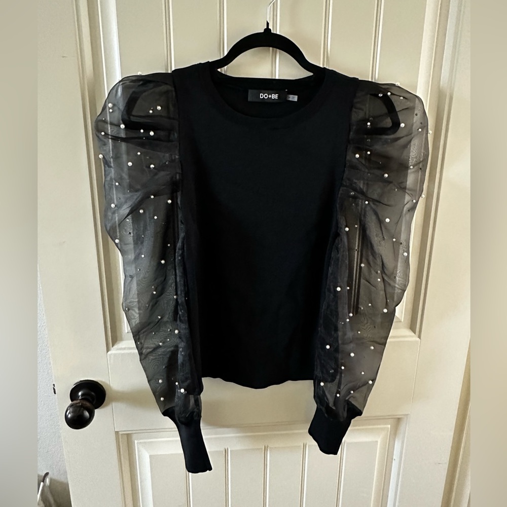 Sheer pearl sleeve black top - new with tags